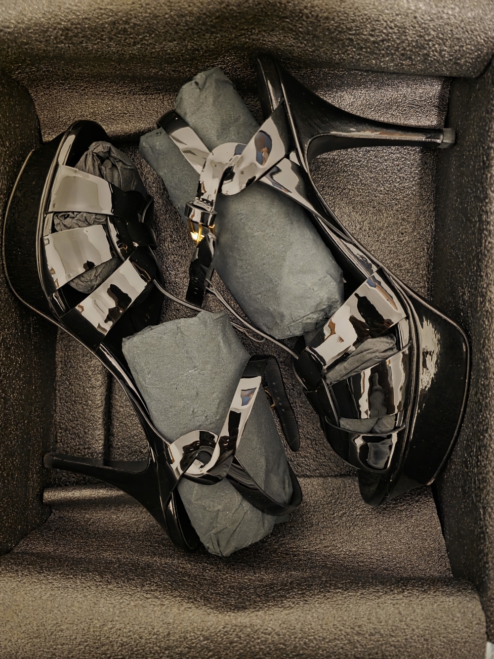 Yves Saint Laurent Black Patent Strappy Stiletto Sandals